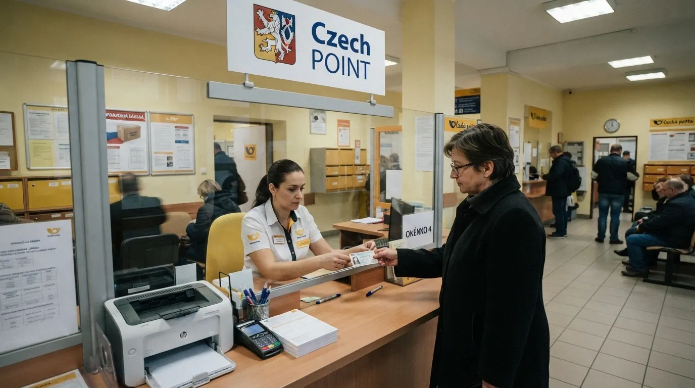 Přepážka Czech POINT na pobočce České pošty — úřednice ověřuje doklad totožnosti žadatele