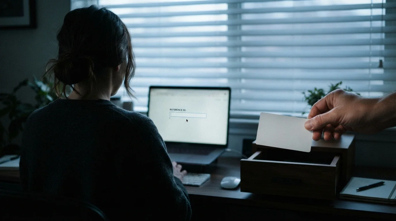 Postava za roletou — jedna ruka podává doklad druhé, která ho odkládá do šuplíku s nápisem KYC