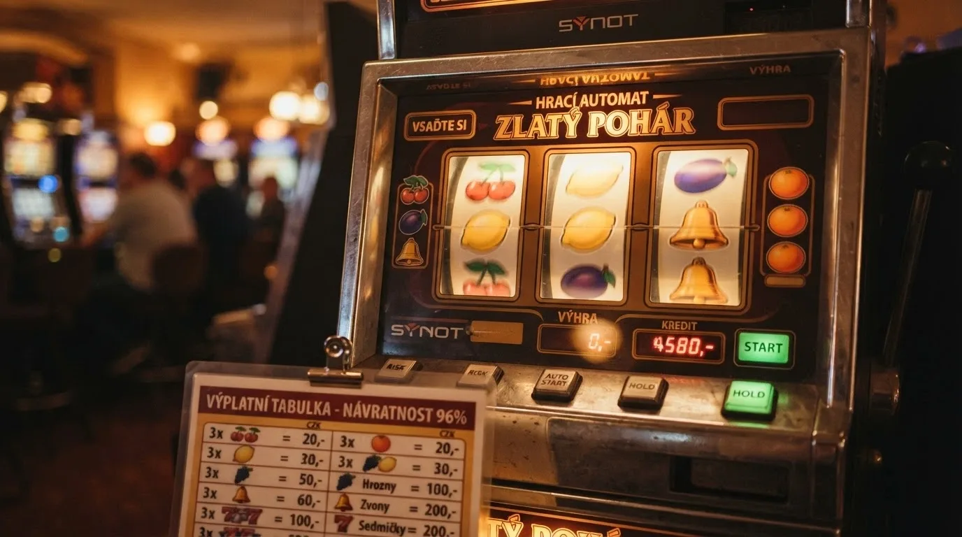 Roztočený ovocný automat s českou tématikou, výplatní tabulka na pozadí