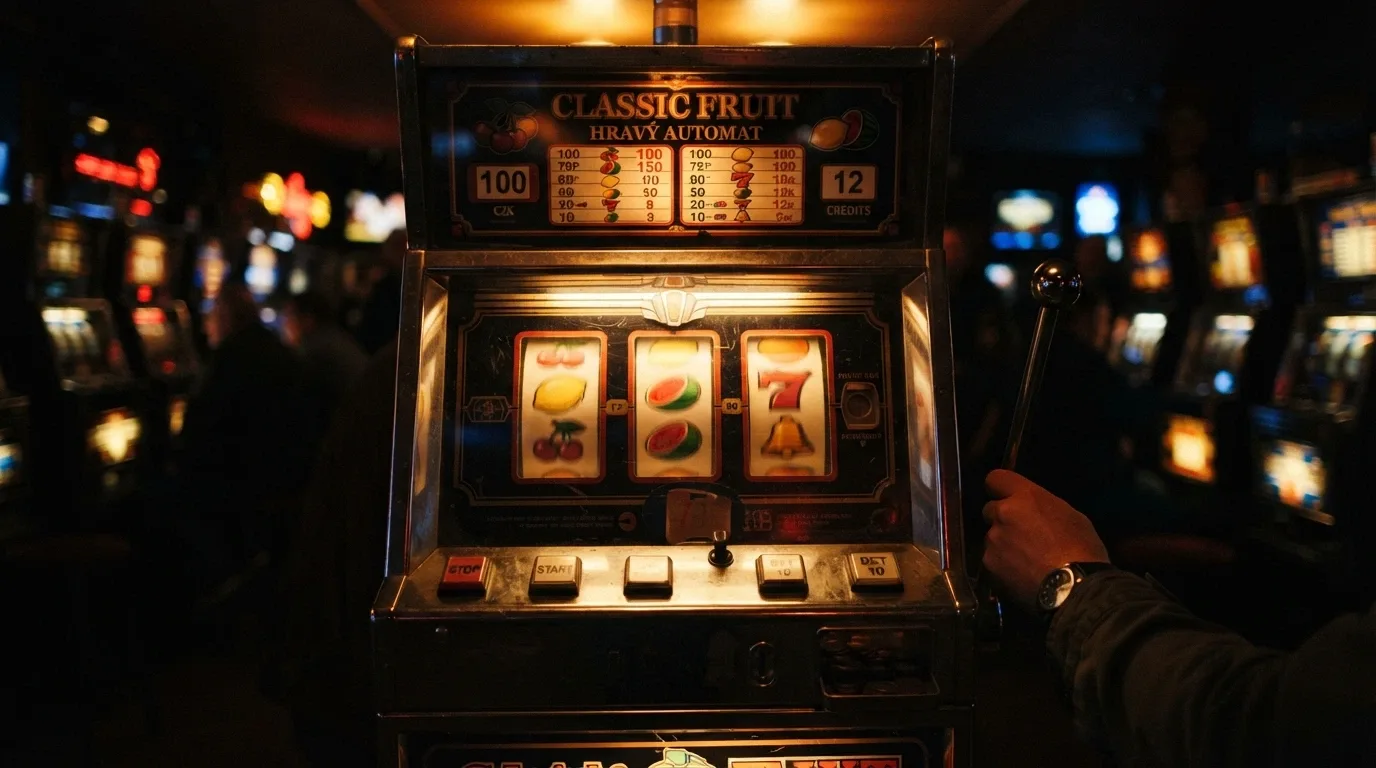 Výherní automat s barevnými válci a ovocem — klasický český design Synot nebo Apollo