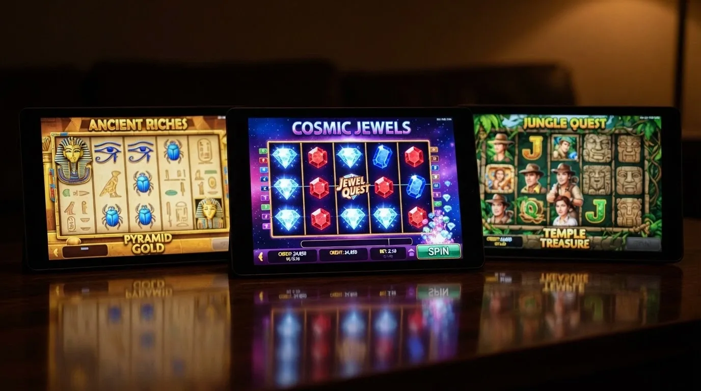 Koláž obrazovek tří populárních online automatů — Book of Dead, Starburst a Gonzo's Quest