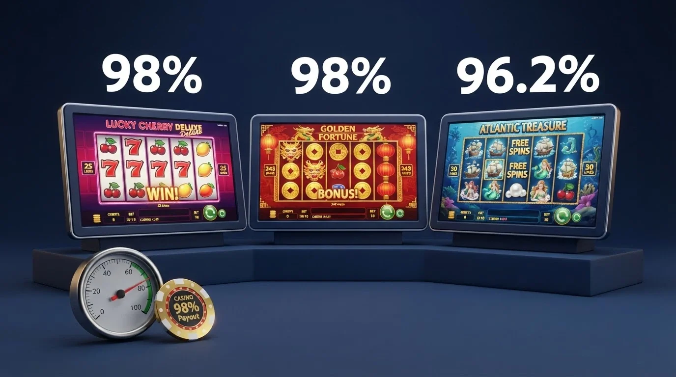 Koláž tří slotových obrazovek s výraznými čísly RTP (98 %, 98 %, 96,2 %), v popředí ukazatel návratnosti a mince