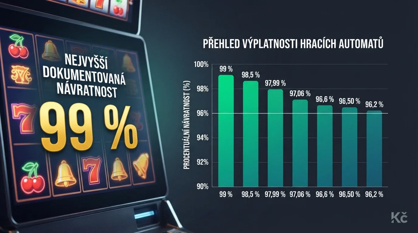 Výřez displeje výherního automatu s viditelnou hodnotou RTP 99 %, vedle sloupcový graf návratnosti dalších automatů