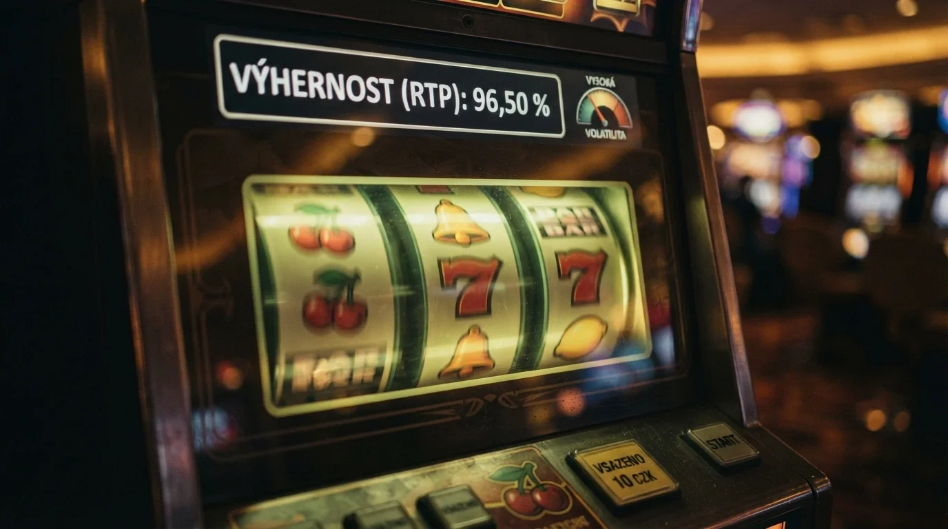 Roztočené válce automatu s viditelnou informační kartou zobrazující RTP 96,50 % a ukazatel volatility