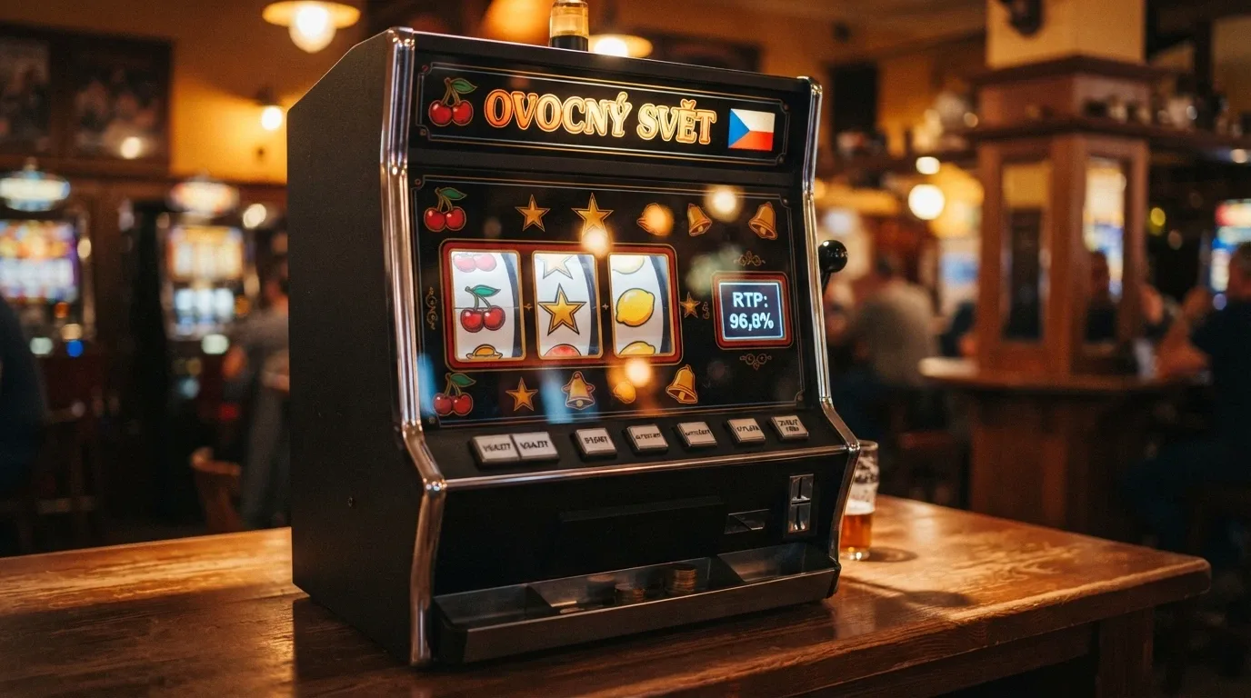 Výherní automat s jasně viditelnými symboly a informační tabulkou RTP