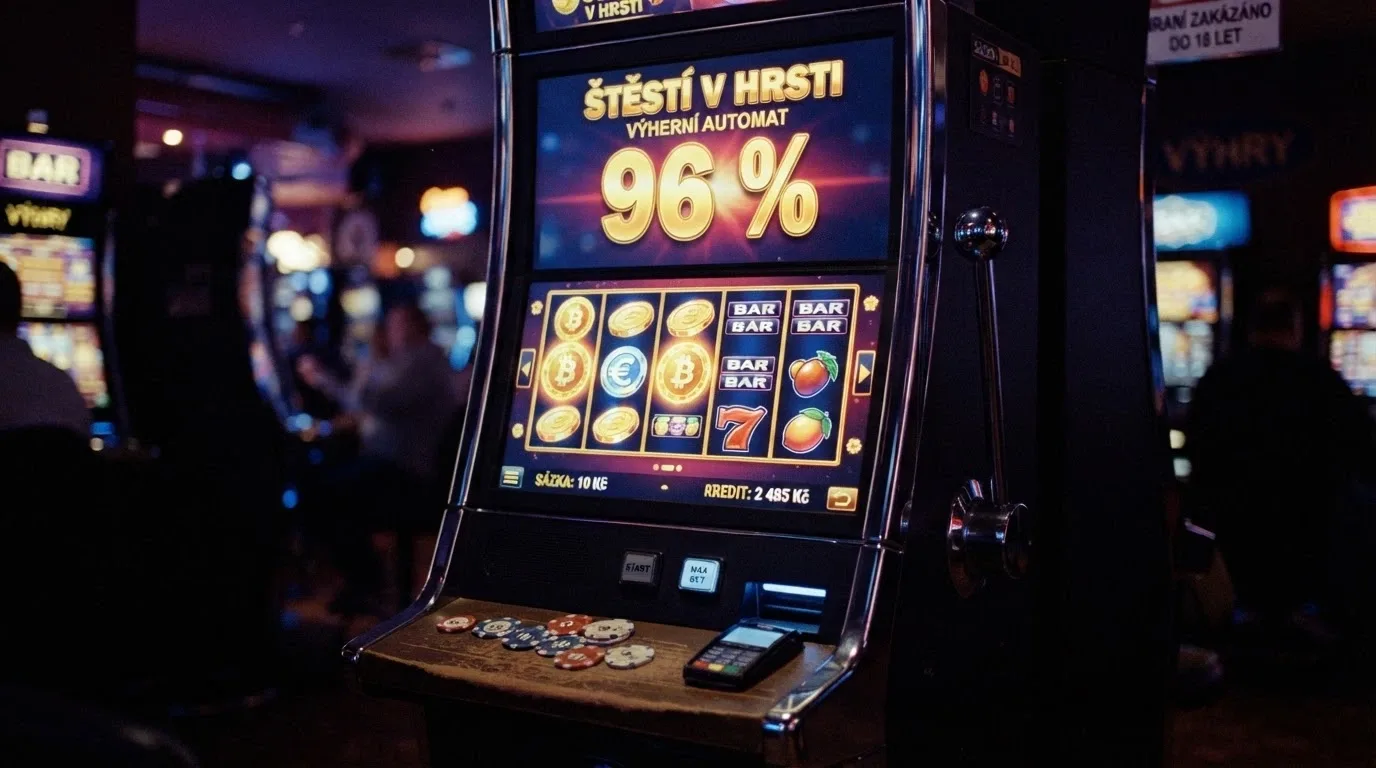 Výherní automat s motivem bitcoinu, na displeji zvýrazněná hodnota RTP 96 %