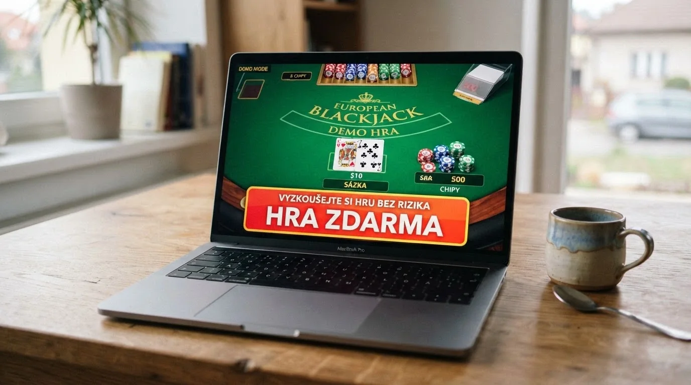 Obrazovka demo režimu blackjacku s virtuálními žetony a výzvou k sázce bez reálných peněz