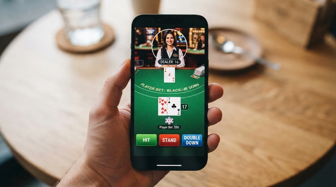 Dotykový mobilní telefon zobrazující rozhraní live blackjacku s krupiérem a sázkovými tlačítky na obrazovce