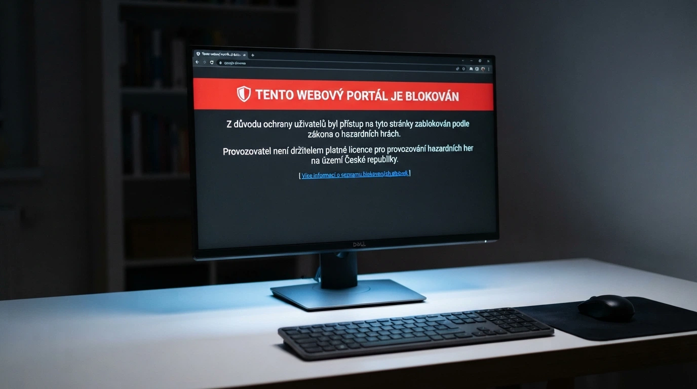 Varovná obrazovka prohlížeče s hlášením o zablokované stránce a odkazem na Seznam nepovolených internetových her MF ČR
