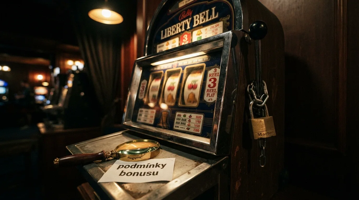 Hrací automat s překryvným zámkem nebo řetězem, v popředí lupa nad textem „podmínky bonusu“.