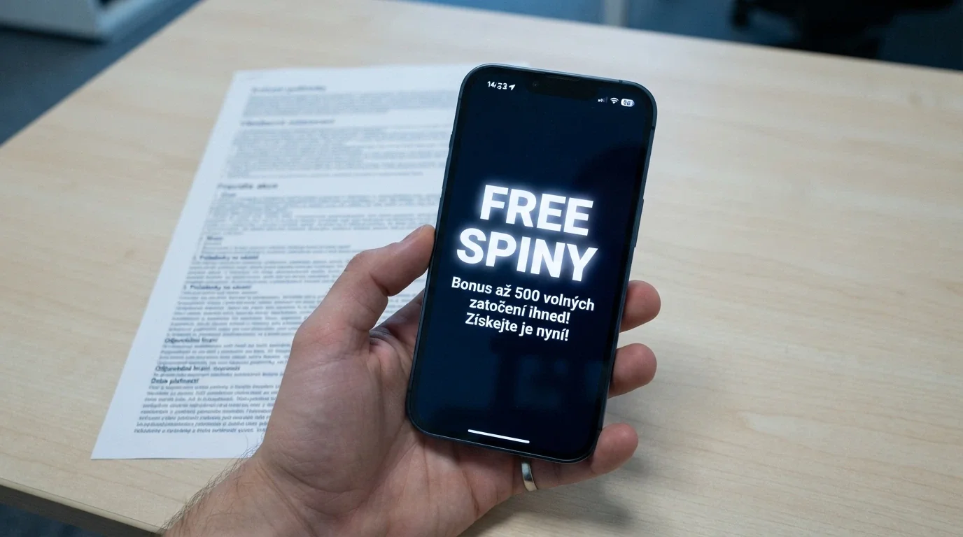 Ruka držící telefon s nápisem „free spiny“, v pozadí rozostřené bonusové podmínky drobným písmem