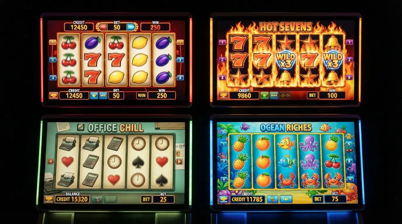 Koláž čtyř automatů — Respin Joker, 100 Hot Wild, Kancelářská 81 a Turbos Slots 81 — s viditelnými prvky jejich herních obrazovek