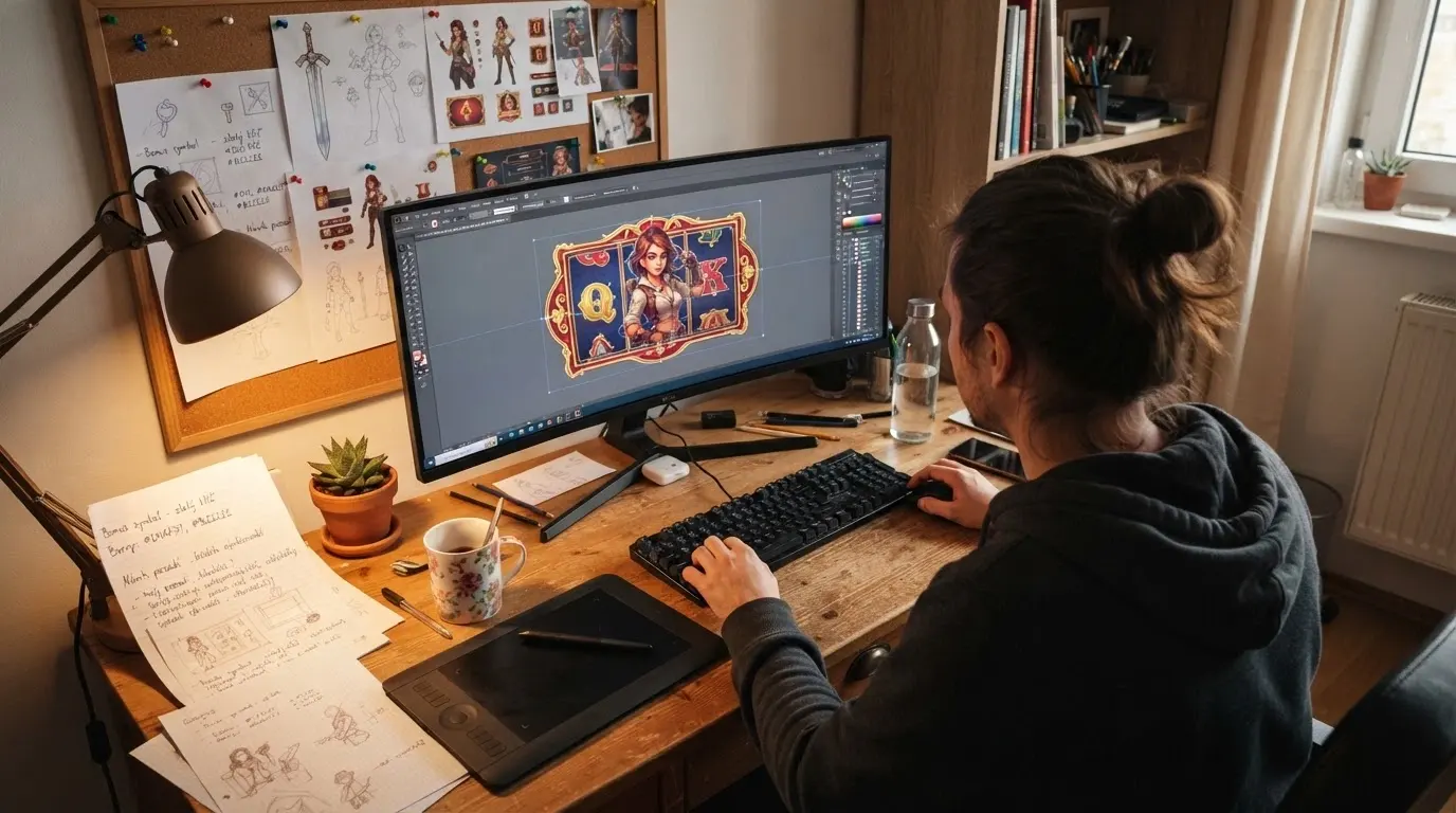 Vývojářské studio v Česku: vývojář u počítače s grafickým návrhem automatu na monitoru, na stole poznámky v češtině