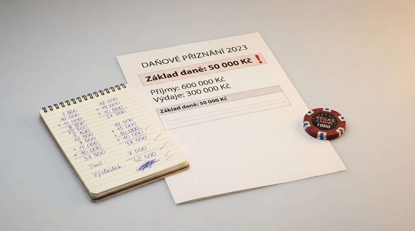 Ilustrační grafika zobrazující daňové přiznání, kalkulačku a částku 50 000 Kč s varovným vykřičníkem