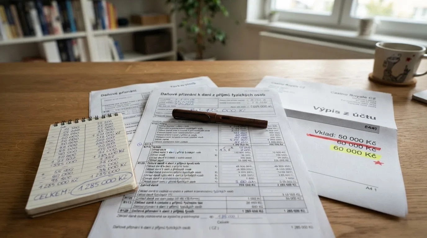 Daňové přiznání na stole, vedle něj kalkulačka a výpis z kasina s částkou výhry, červená zvýrazněná hranice 50 000 Kč