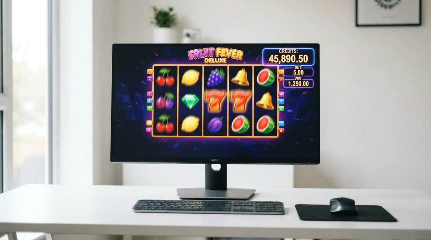 Ukázka demo režimu výherního automatu s virtuálními kredity na obrazovce počítače