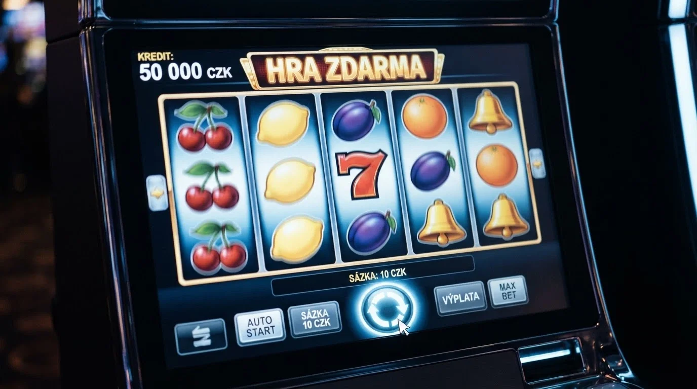Obrazovka automatu v demo režimu s virtuálním zůstatkem a nápisem „HRA ZDARMA“, kurzor myši najíždí na tlačítko „Zatočit“