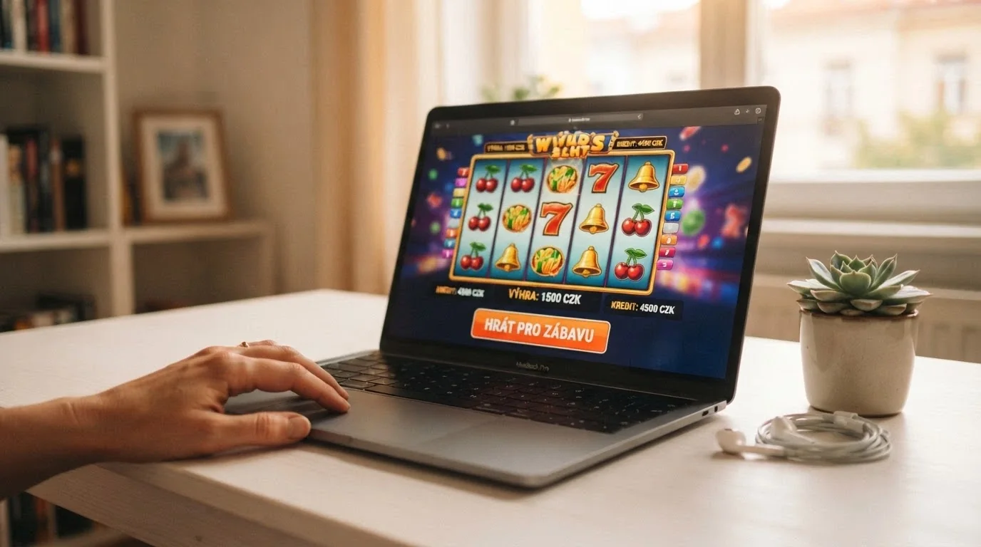 Rozhraní online automatu v demo režimu s virtuálními kredity a nápisem hra pro zábavu místo reálné sázky
