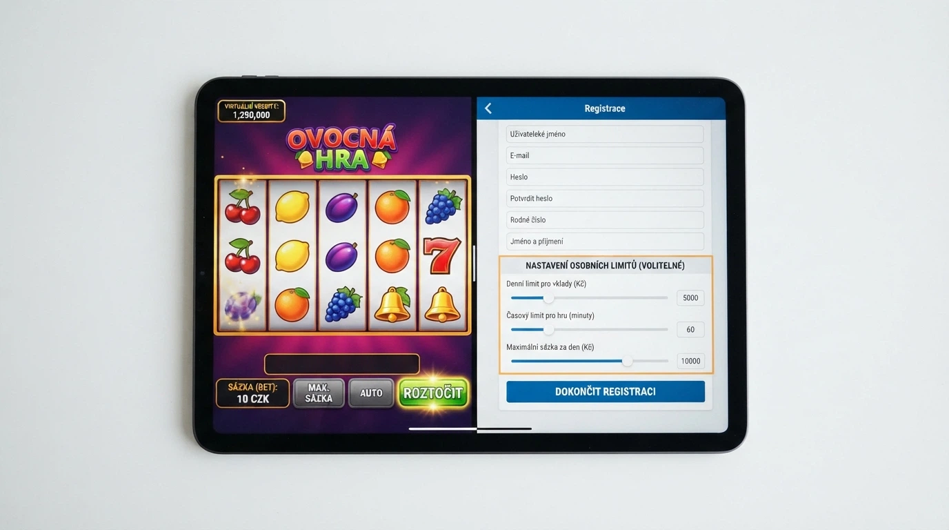 Rozdělená obrazovka: levá strana ukazuje demo hru s virtuálními kredity, pravá strana registrační formulář s povinnou kolonkou sebeomezujících opatření