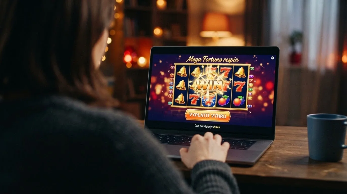 Prostředí online kasina Forbes Casino na obrazovce notebooku s důrazem na tlačítko výběru a časovač ukazující 2 minuty