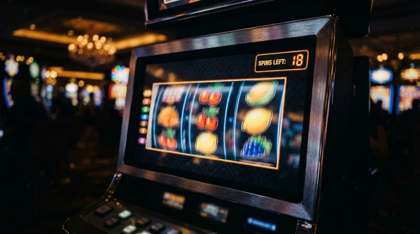 Výherní automat s aktivními volnými otočkami — detail hry s ukazatelem zbývajících spinů