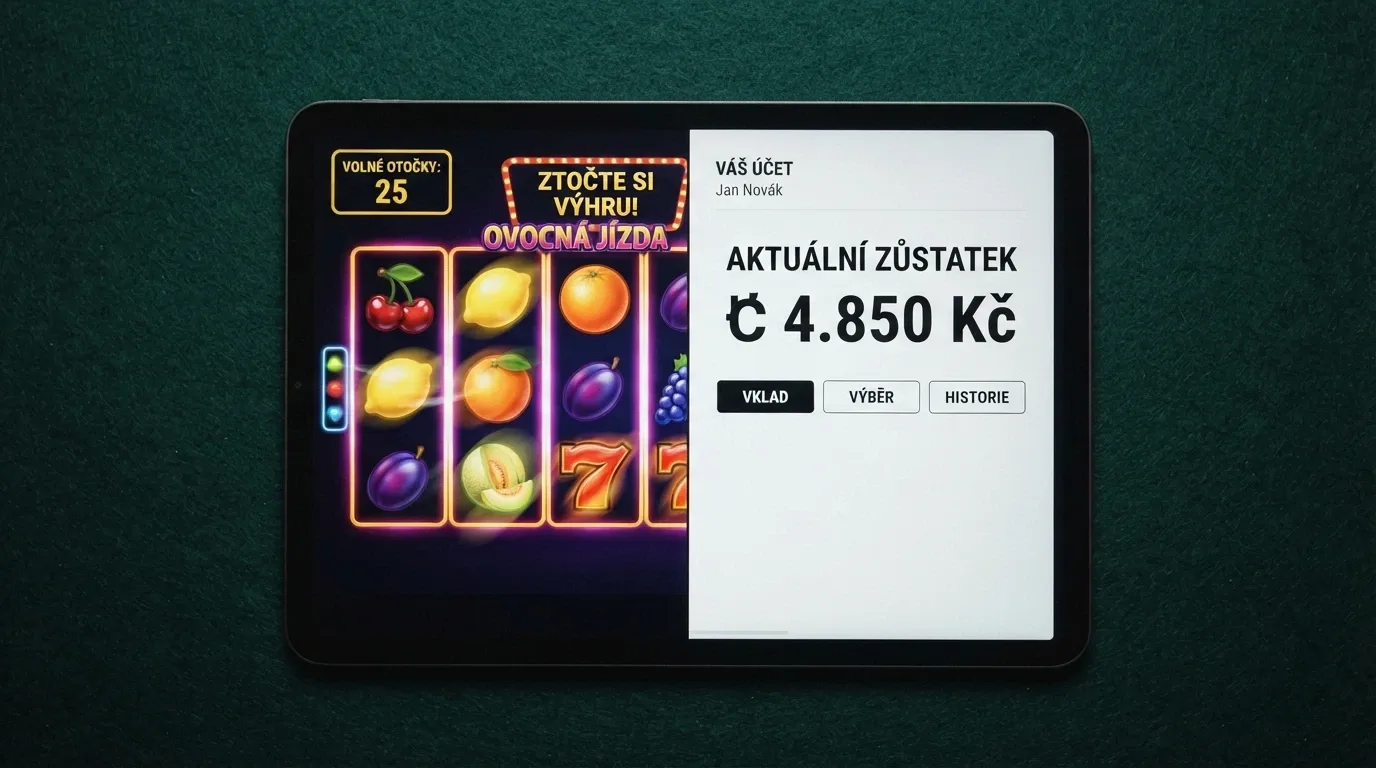 Rozdělená obrazovka — vlevo automat s počítadlem free spinů, vpravo herní účet s připsaným kreditem v korunách