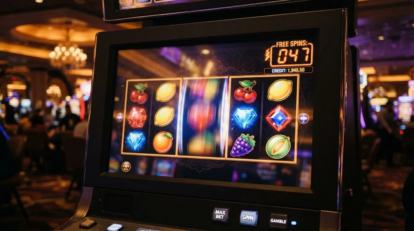 Hrací automat s roztočenými válci a počítadlem free spinů v rohu obrazovky