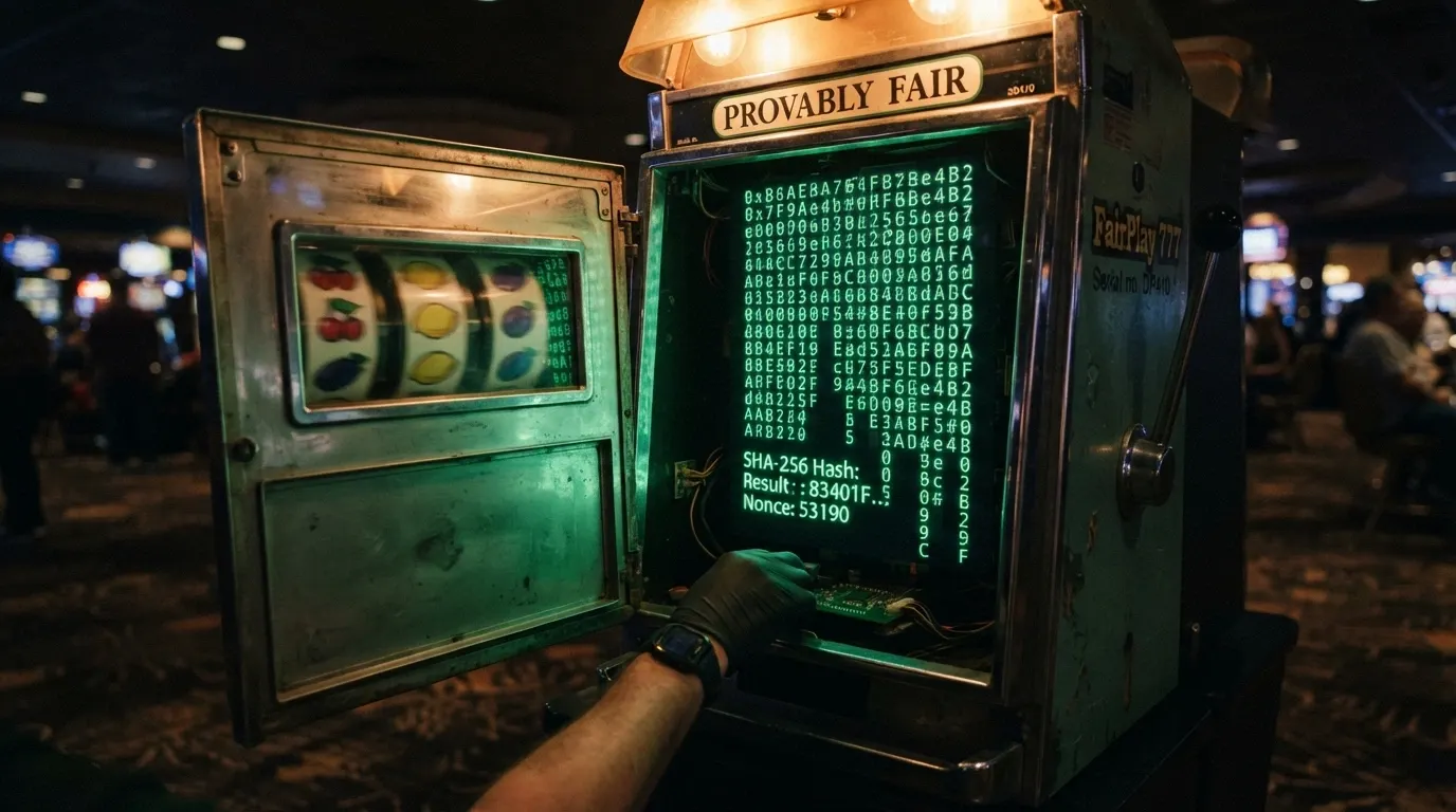 Automat s otevřenými dvířky — uvnitř je místo ozubených kol vidět kryptografický hash