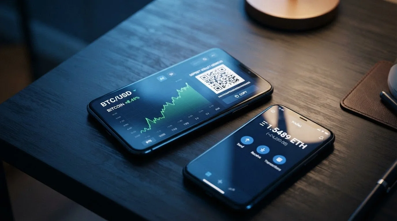 Displej s grafem kurzu Bitcoinu a QR kódem pro vklad, vedle mobil s aplikací krypto peněženky