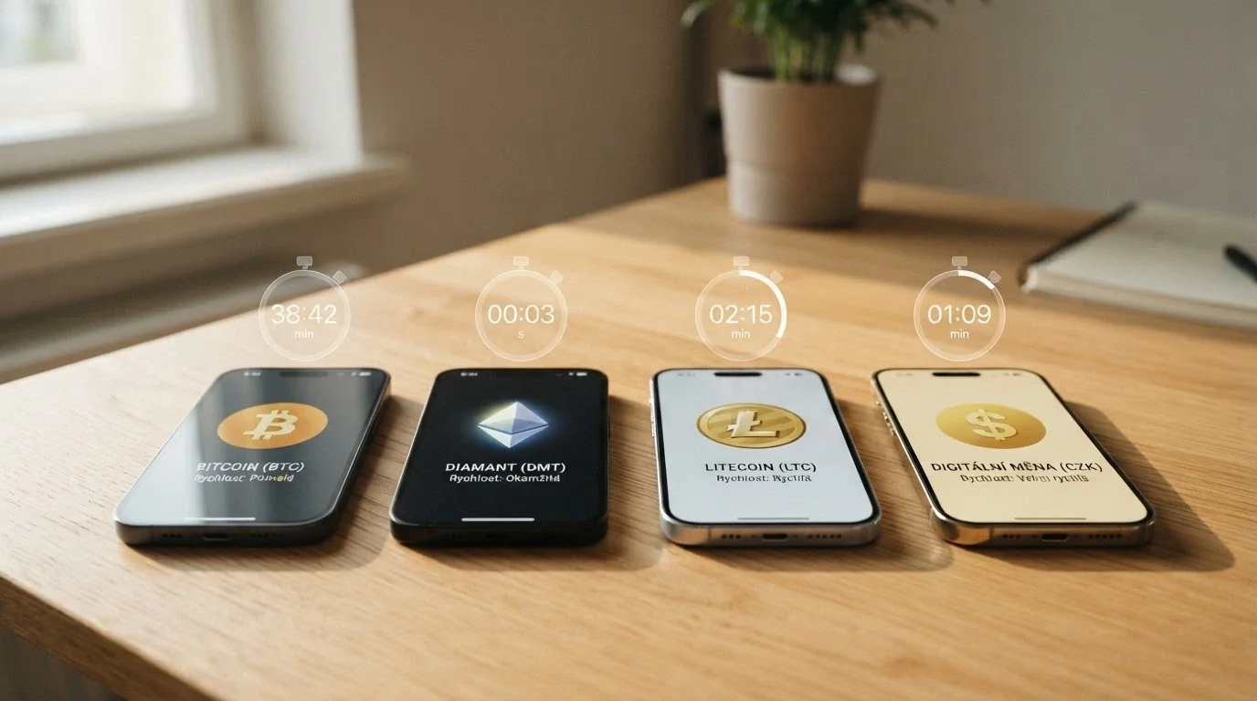 Čtyři krypto peněženky s logy BTC, ETH, LTC a USDT — nad každou digitální stopky s jiným časem