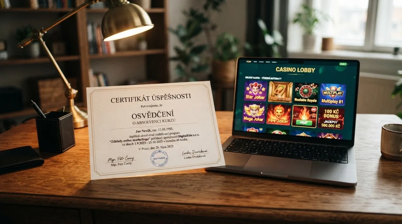 Úřední dokument s logem Ministerstva financí ČR vedle obrazovky s online casinem