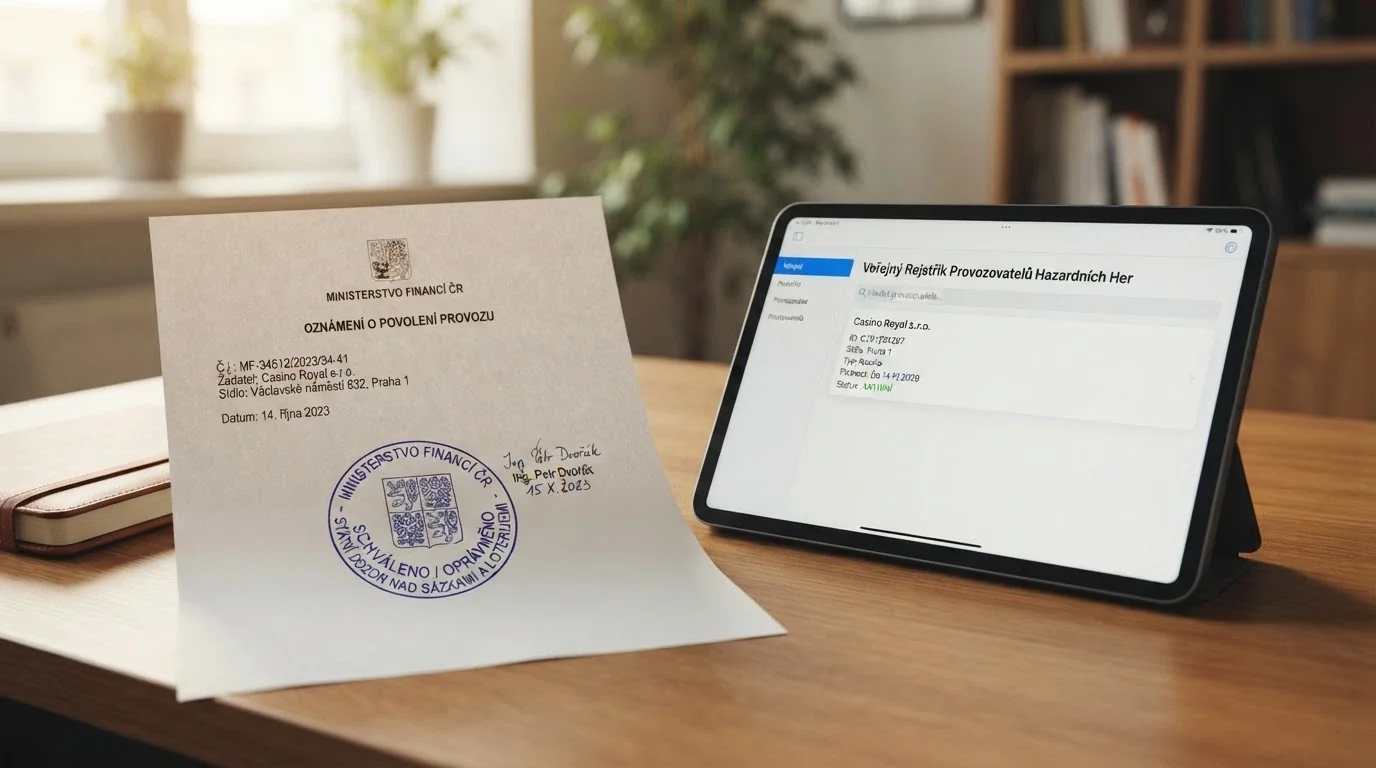 Úřední dokument s razítkem Ministerstva financí ČR položený vedle tabletu s otevřeným Seznamem legálních provozovatelů