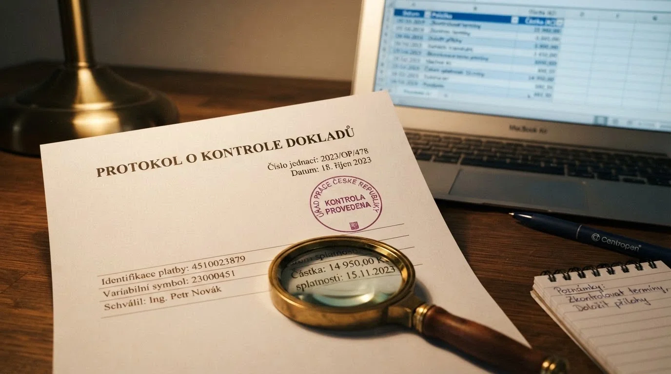 Detail úředního dokumentu s razítkem Ministerstva financí ČR a lupou zvýrazňující číslo licence — v pozadí obrazovka s webovou stránkou registru