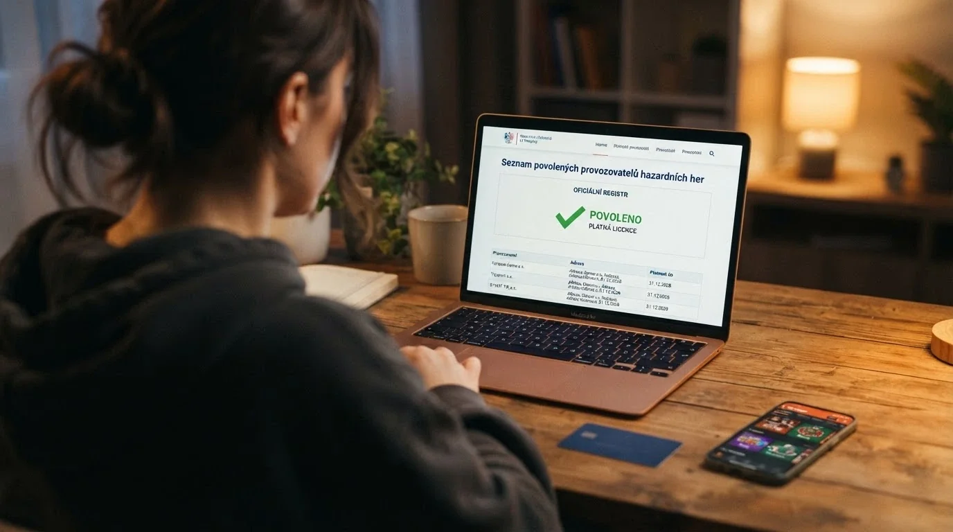 Detail úředního dokumentu s razítkem Ministerstva financí ČR vedle notebooku s otevřeným online casinem