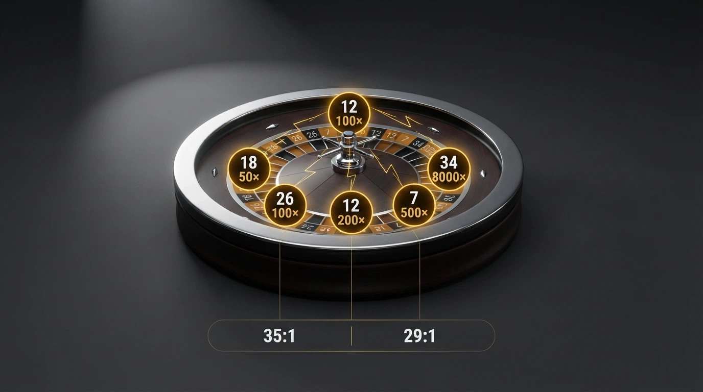Herní rozhraní Lightning Roulette se zvýrazněnými Lucky Numbers a multiplikátory