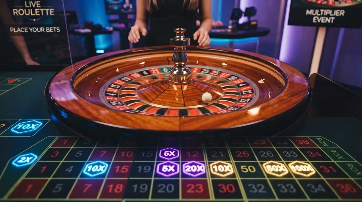 Roztočené kolo Lightning Roulette s čísly a zvýrazněnými barevnými multiplikátory na sázkovém poli