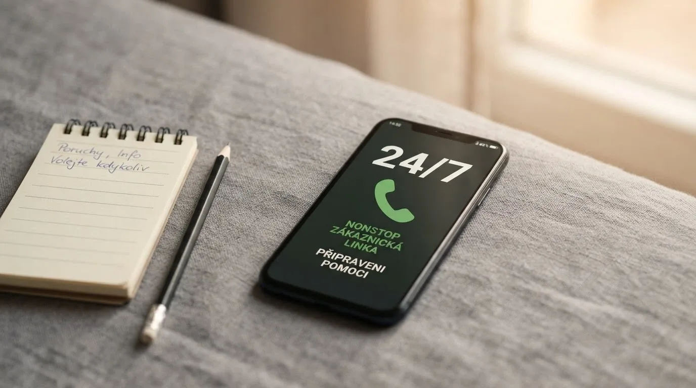 Telefon s vytočeným číslem +420 777 477 877, vedle logo centra Naberte kurz a ikona nonstop dostupnosti