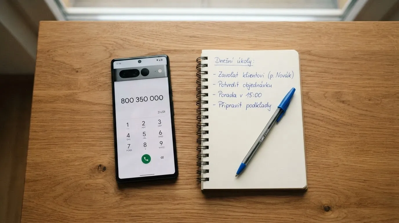 Telefon s číslem 800 350 000 na displeji, vedle něj poznámkový blok s perem