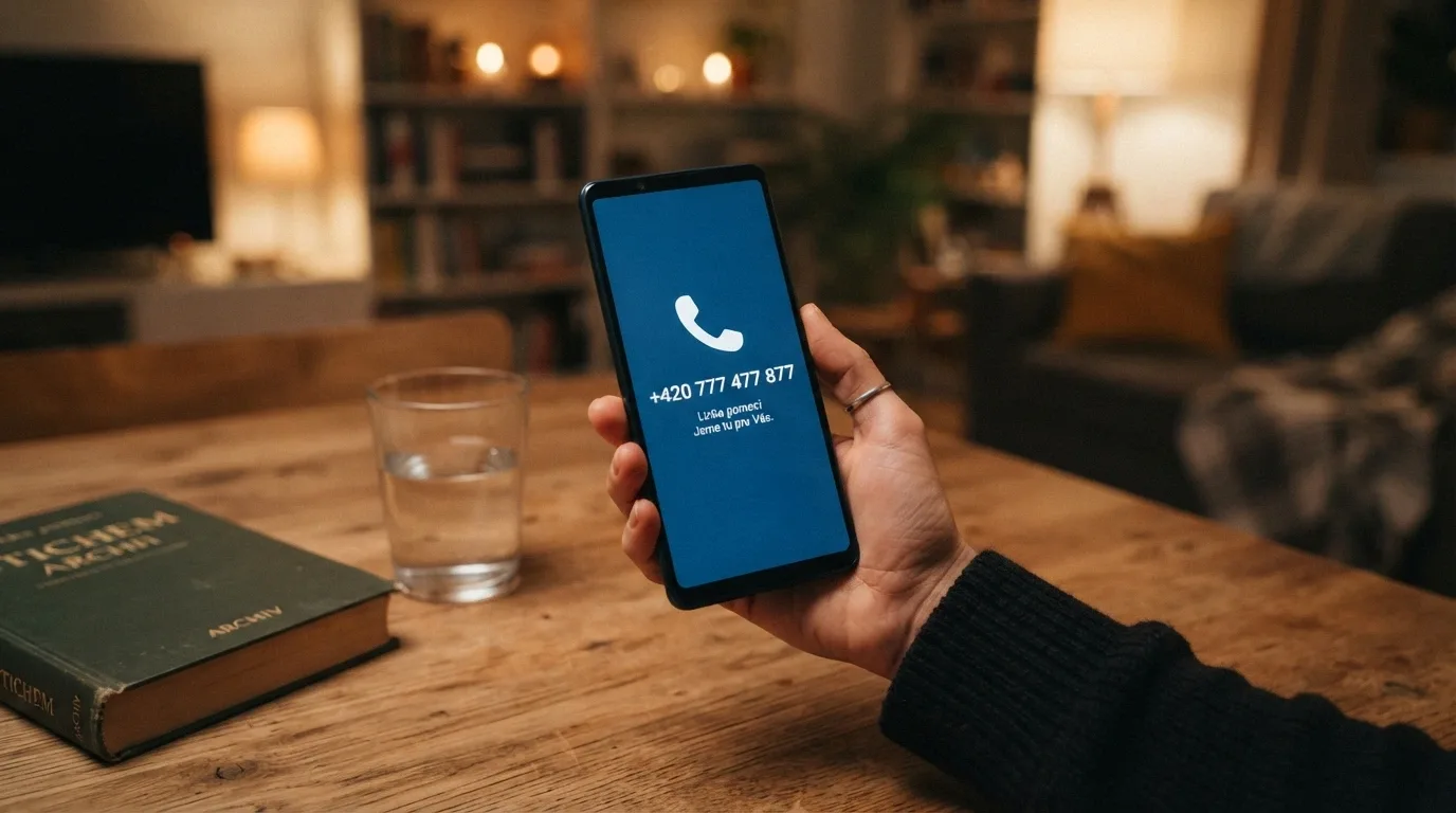 Telefon s rozsvícenou obrazovkou a číslem linky pomoci, v pozadí logo zodpovědného hraní