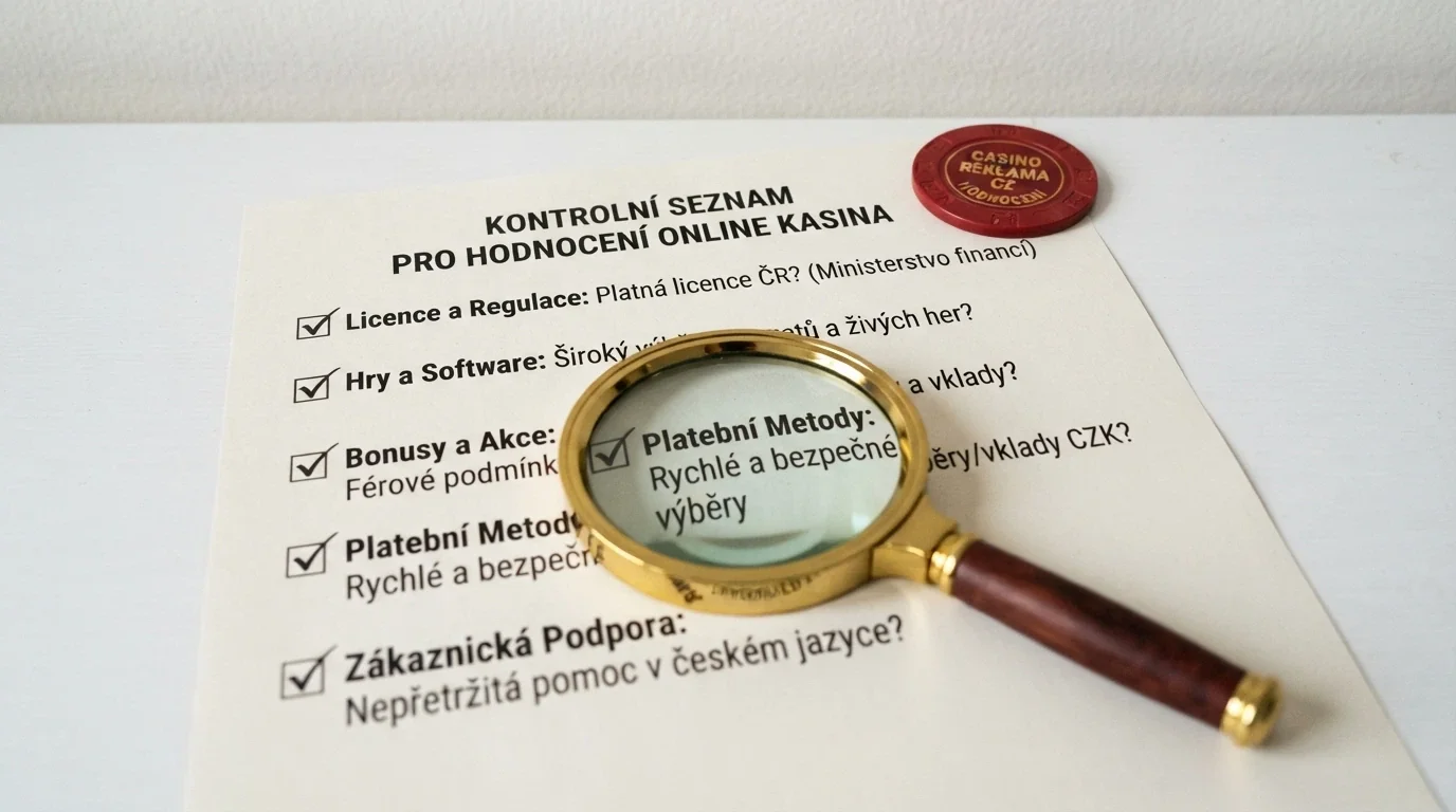 Lupa nad seznamem kritérií — licence, bonus, platební metody, herní nabídka, zodpovědné hraní