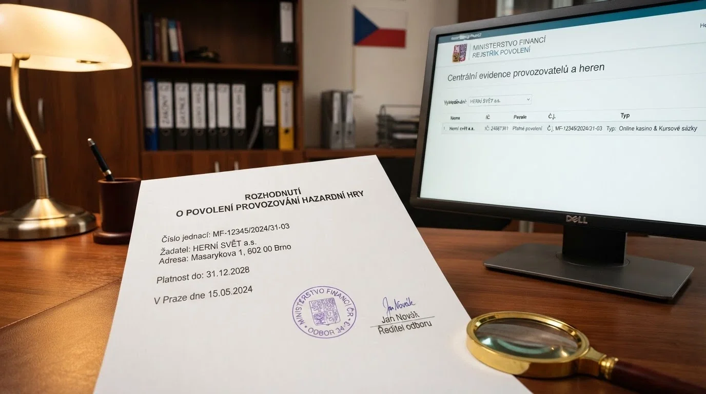 Úřední dokument s razítkem Ministerstva financí ČR a výřez z veřejného rejstříku držitelů licence na monitoru