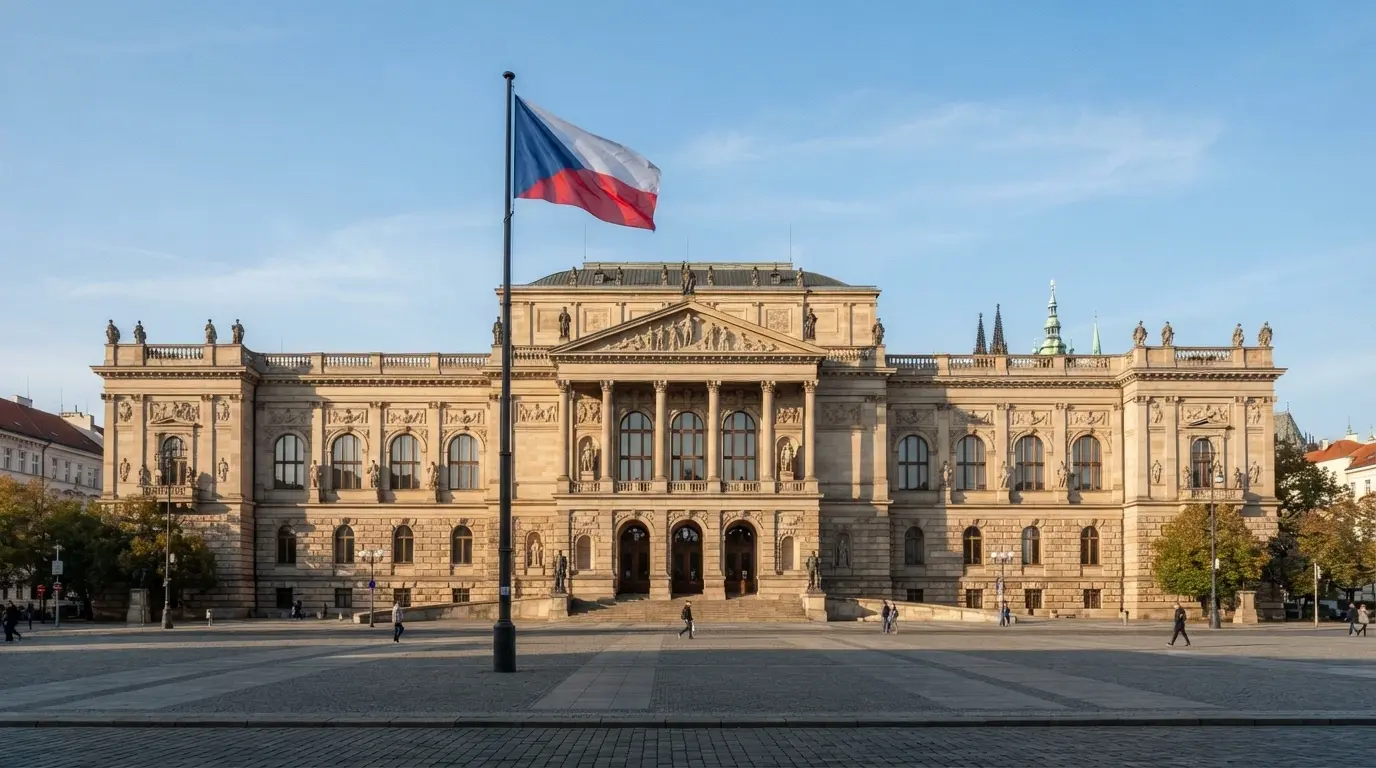 Budova Ministerstva financí ČR v Praze na Letné, před ní česká vlajka