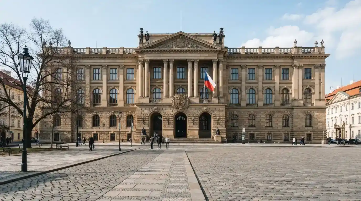 Budova Ministerstva financí ČR v Praze, v popředí úřední pečeť nebo detail nápisu na budově.