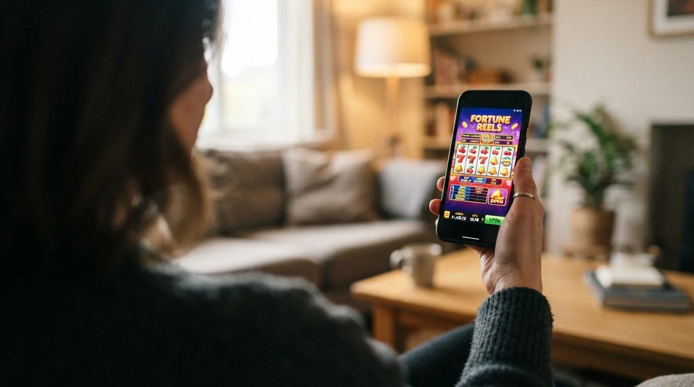 Mobilní telefon s vedle sebe otevřenou nativní casino aplikací a mobilním prohlížečem — obě zobrazují stejný automat
