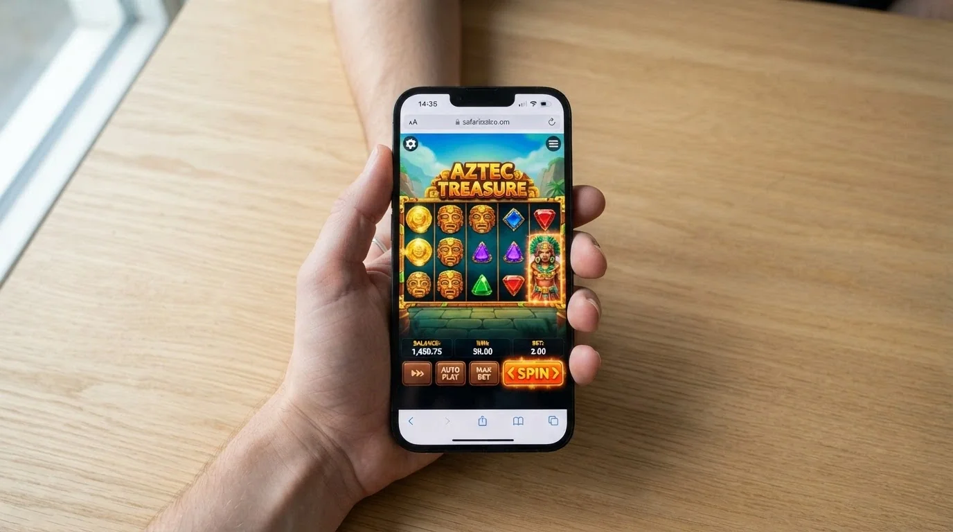 Ruka držící mobilní telefon se spuštěnou casino hrou v prohlížeči — vedle ikony casino aplikace na ploše telefonu