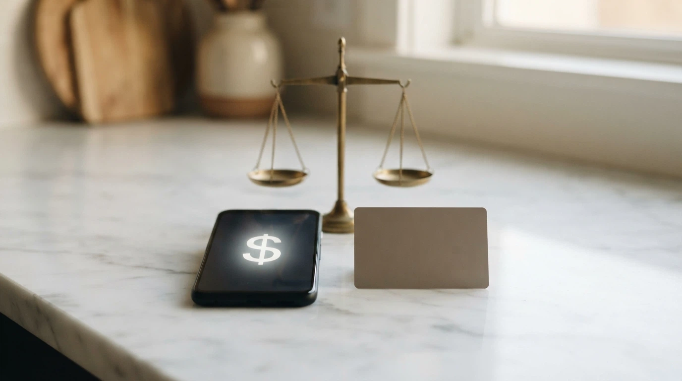 Mobilní telefon a platební karta vedle sebe, nad nimi symbol vah – volba mezi pohodlím a nákladem