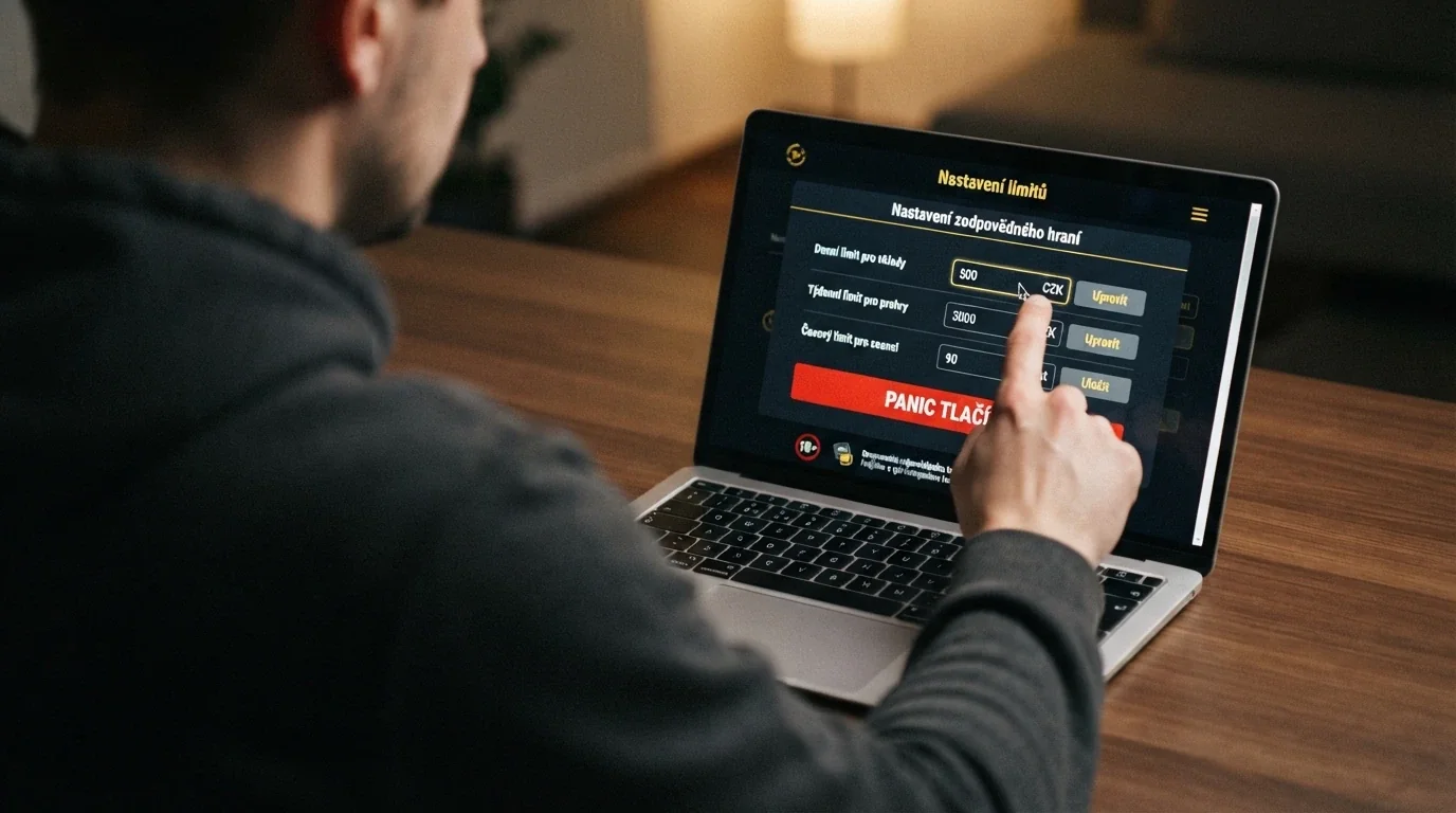 Obrazovka nastavení sebeomezujících opatření v českém online kasinu — limit vkladu, limit prohry a tlačítko panic button