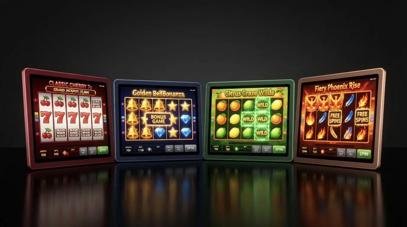 Rozhraní několika oblíbených výherních automatů – Respin Joker, Fruity Gold 81, Firebird Double 27, Starburst