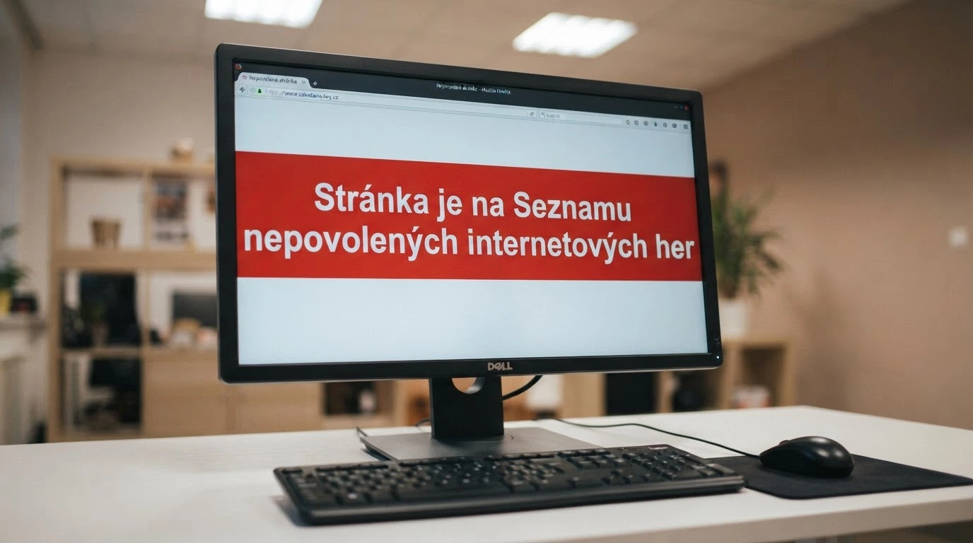 Obrazovka počítače s varovným hlášením „Stránka je na Seznamu nepovolených internetových her“