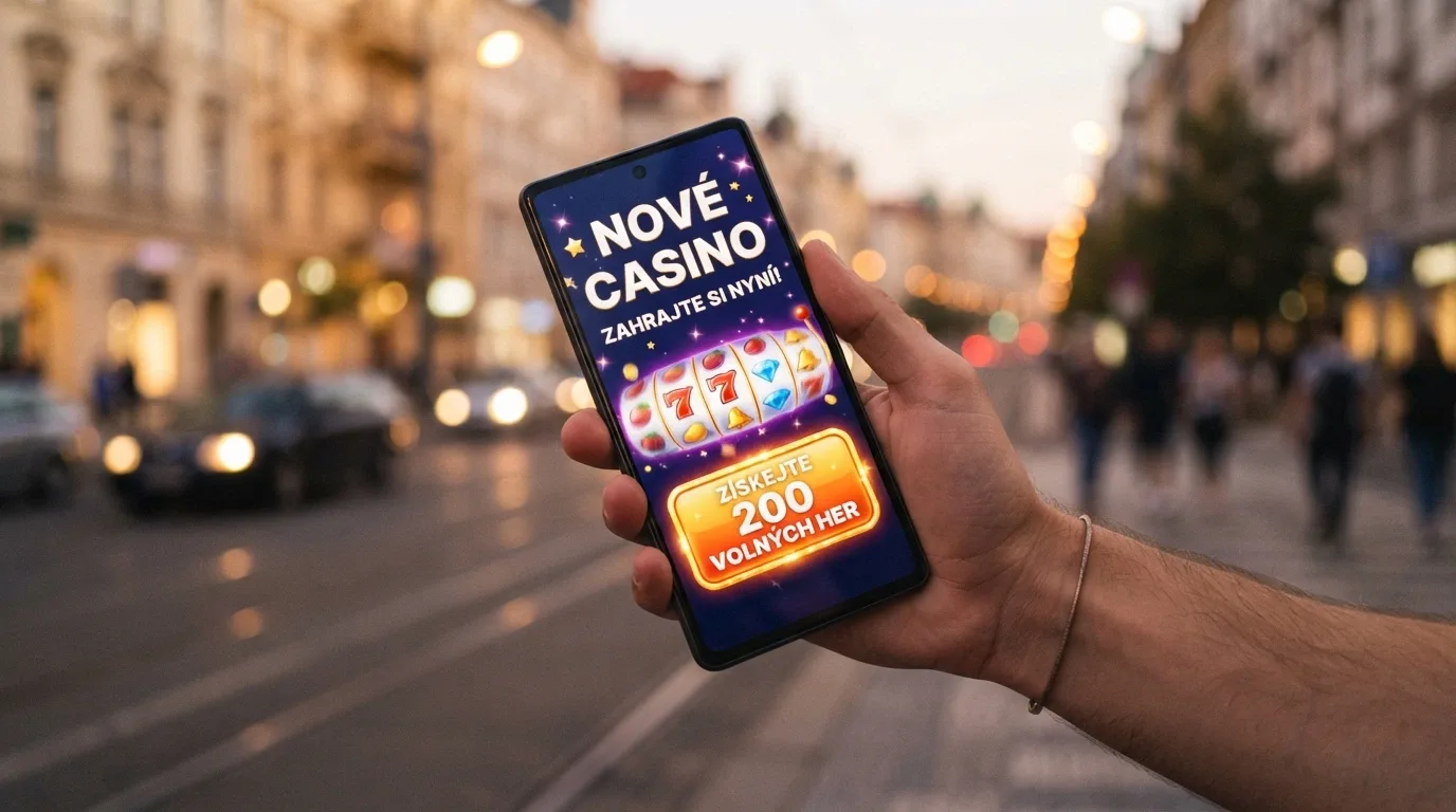 Banner s nápisem Nové casino a zvýrazněnou nabídkou free spinů na displeji mobilu